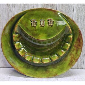 Vtg Glazed Green Two Toned Ceramic Ashtray with 11 Slots German Gothic Markings